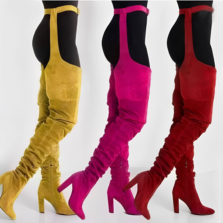 Faux Suede Thigh High Waist Belt Chunky High Heel Slouch Boots for Women and Over The Knee Waist Belted Boots