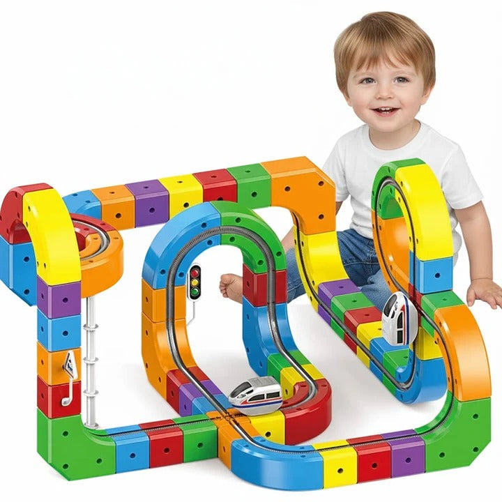 Magnetic Train Track Toy with Interlocking Rails and Creative Locomotive Pathing