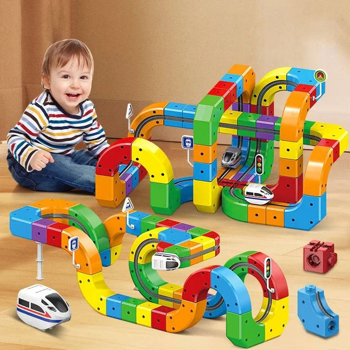 Magnetic Train Track Toy with Interlocking Rails and Creative Locomotive Pathing