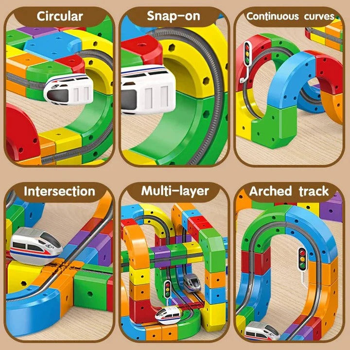 Magnetic Train Track Toy with Interlocking Rails and Creative Locomotive Pathing