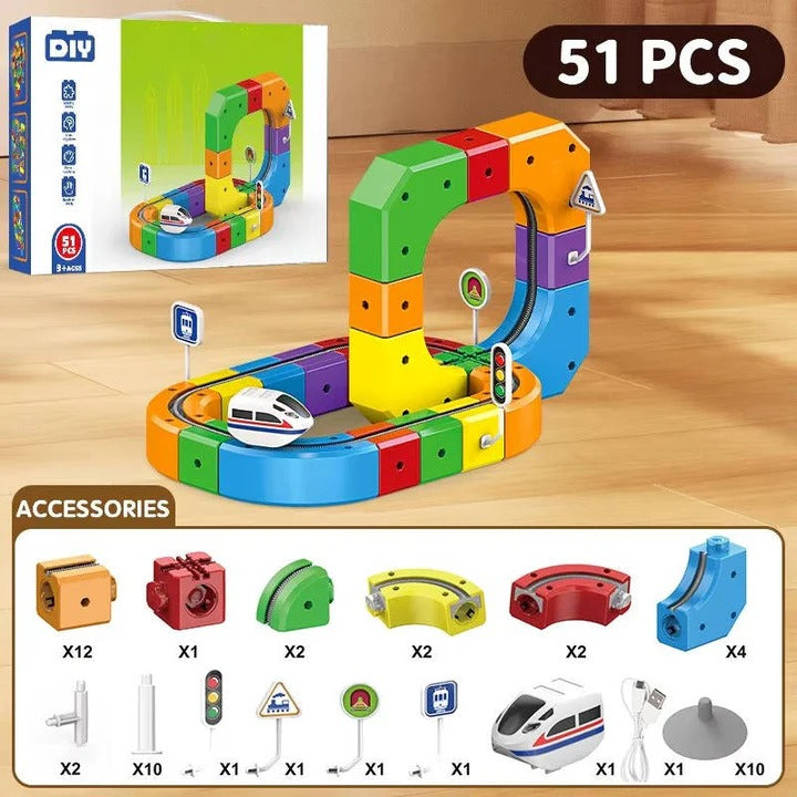 Magnetic Train Track Toy with Interlocking Rails and Creative Locomotive Pathing