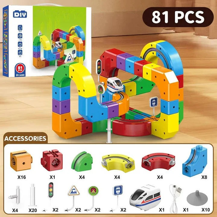 Magnetic Train Track Toy with Interlocking Rails and Creative Locomotive Pathing