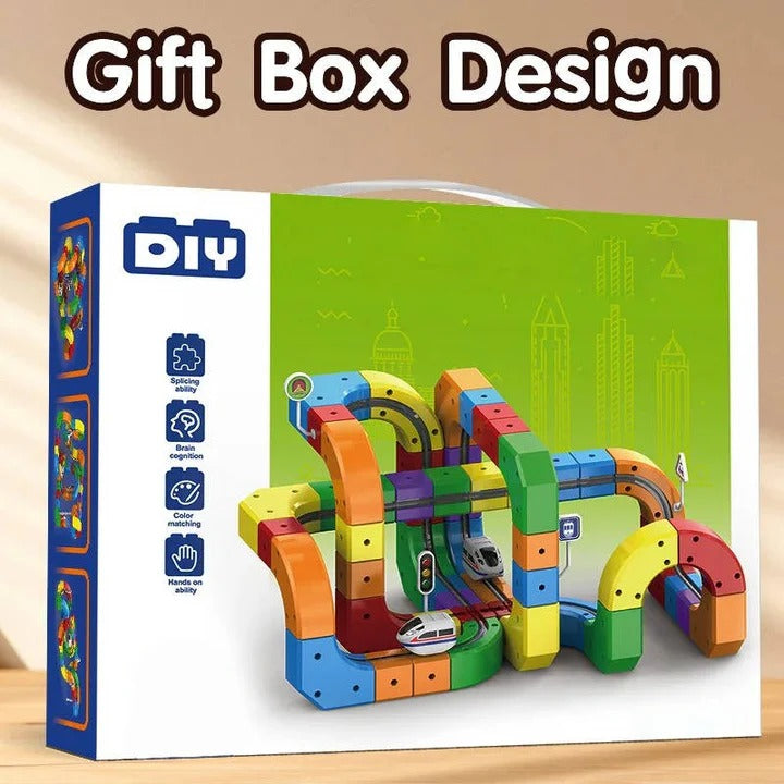 Magnetic Train Track Toy with Interlocking Rails and Creative Locomotive Pathing
