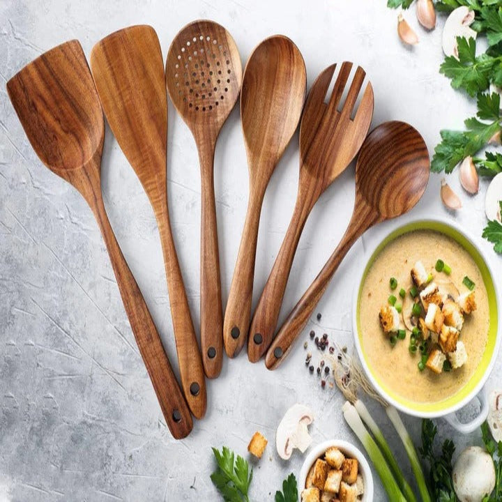 6pcs Wooden Utensils Set with Handcrafted Timber Finish and Natural Kitchen Cooking Essentials