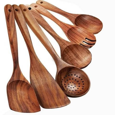 6pcs Wooden Utensils Set with Handcrafted Timber Finish and Natural Kitchen Cooking Essentials