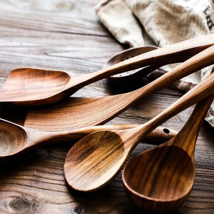 6pcs Wooden Utensils Set with Handcrafted Timber Finish and Natural Kitchen Cooking Essentials