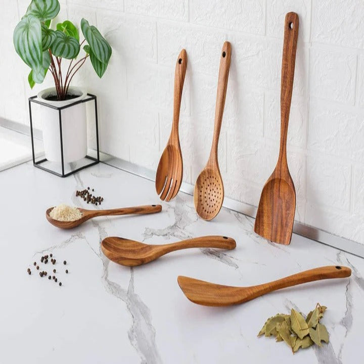 6pcs Wooden Utensils Set with Handcrafted Timber Finish and Natural Kitchen Cooking Essentials