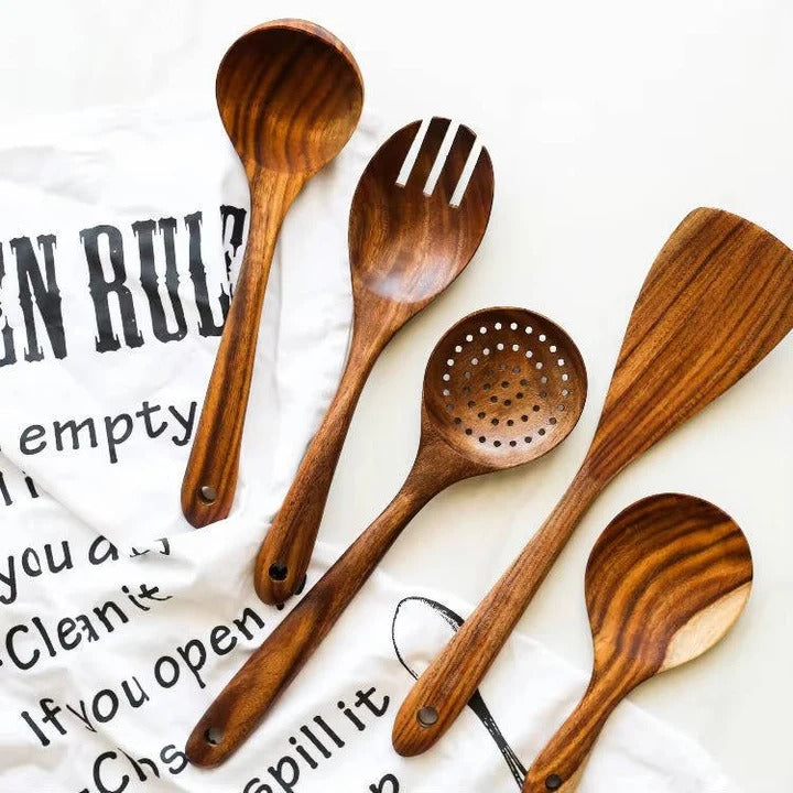 6pcs Wooden Utensils Set with Handcrafted Timber Finish and Natural Kitchen Cooking Essentials