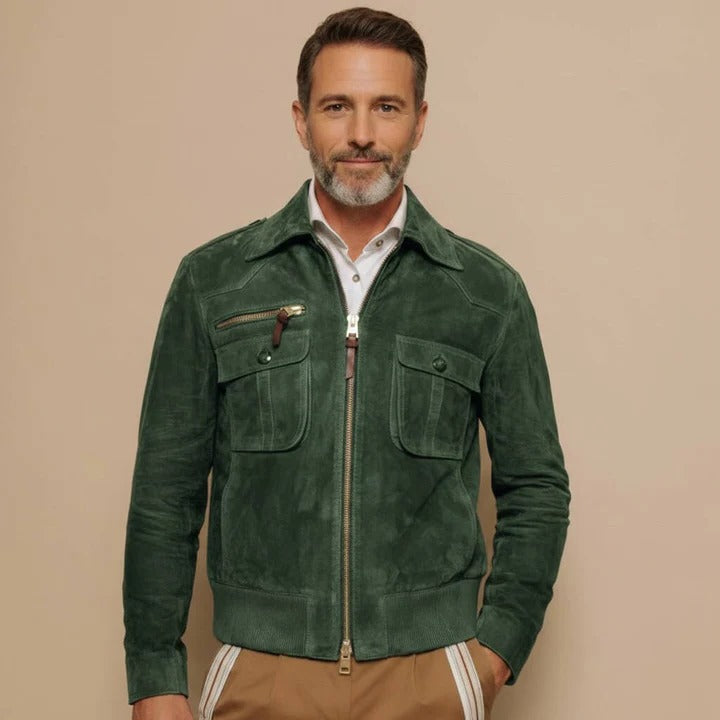 Nostalgic Collar Zip-Up Outerwear and Mens Retro Lapel Zipper Breast Pocket Suede Jacket