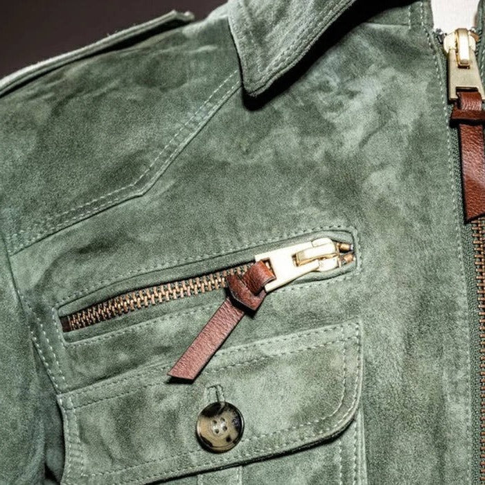 Nostalgic Collar Zip-Up Outerwear and Mens Retro Lapel Zipper Breast Pocket Suede Jacket