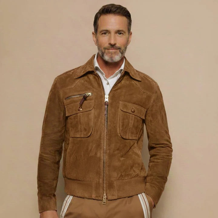 Nostalgic Collar Zip-Up Outerwear and Mens Retro Lapel Zipper Breast Pocket Suede Jacket