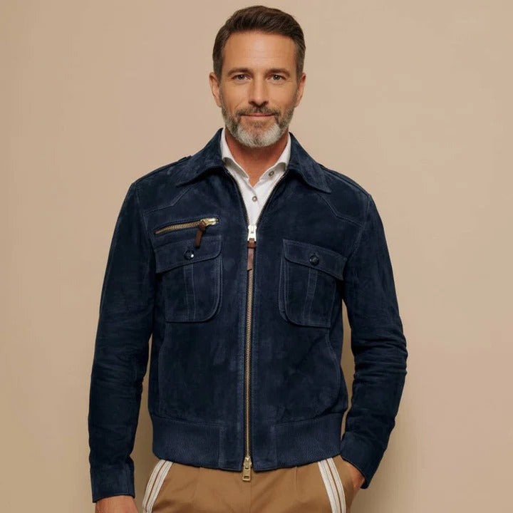 Nostalgic Collar Zip-Up Outerwear and Mens Retro Lapel Zipper Breast Pocket Suede Jacket