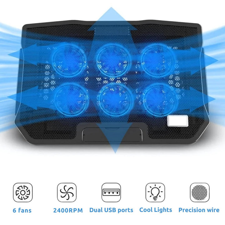 6 Fan Mesh Laptop Cooling Stand with Speed Control and USB Hub