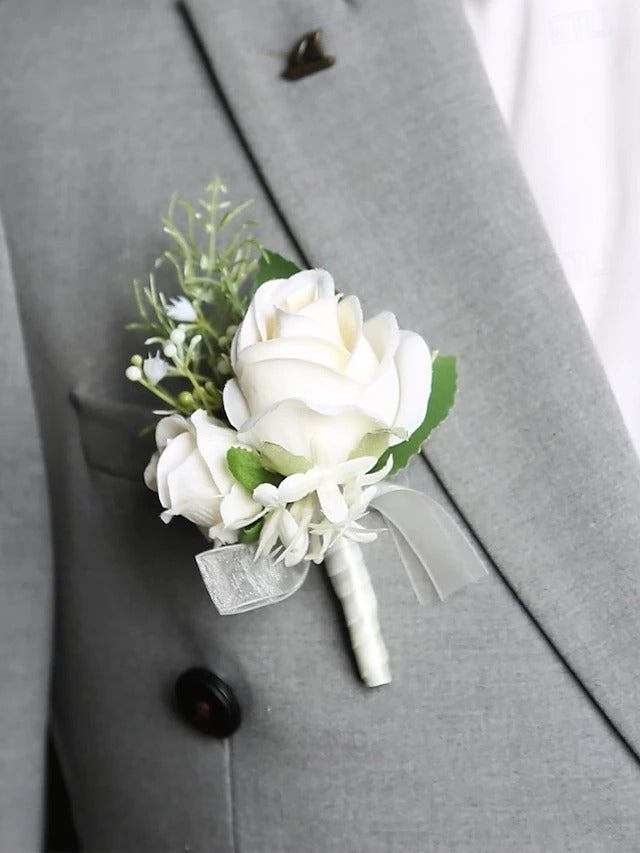 White Rose Wrist Corsage with Matching Boutonniere for Bridal and Prom Occasions