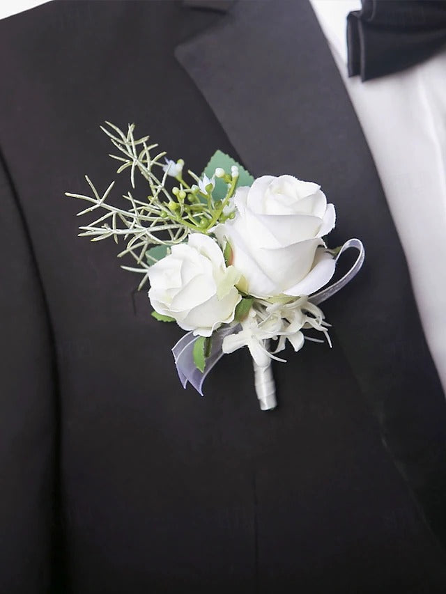 White Rose Wrist Corsage with Matching Boutonniere for Bridal and Prom Occasions