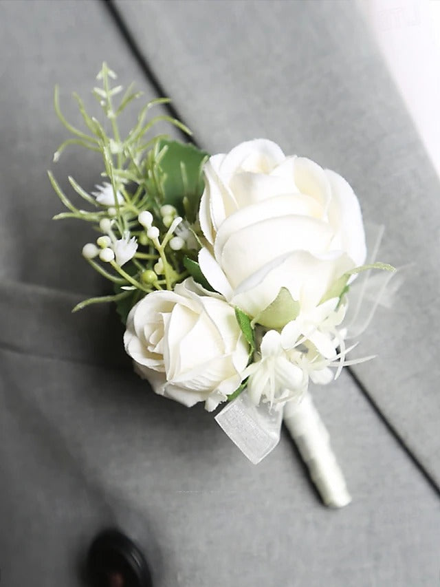 White Rose Wrist Corsage with Matching Boutonniere for Bridal and Prom Occasions