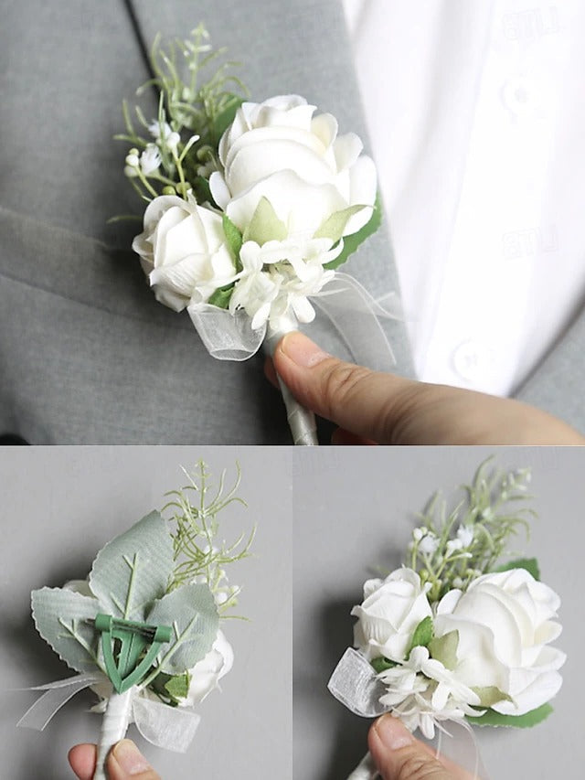 White Rose Wrist Corsage with Matching Boutonniere for Bridal and Prom Occasions