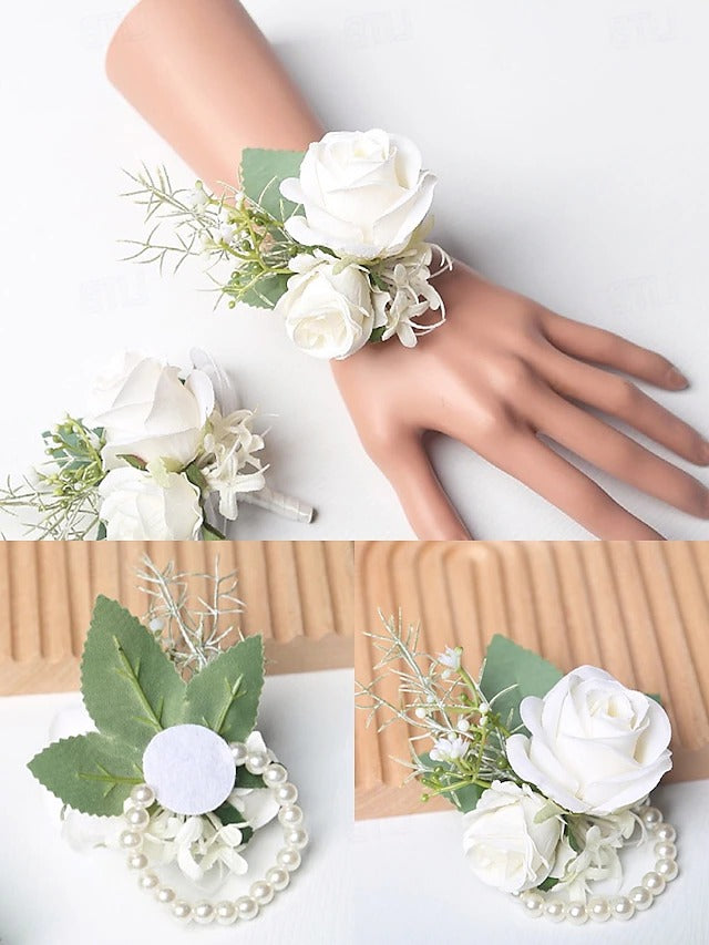 White Rose Wrist Corsage with Matching Boutonniere for Bridal and Prom Occasions