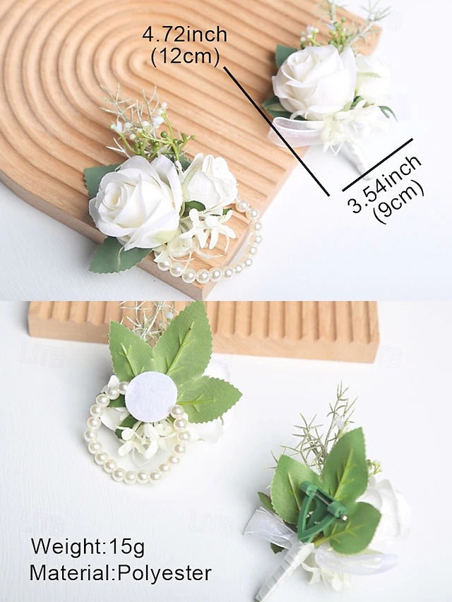 White Rose Wrist Corsage with Matching Boutonniere for Bridal and Prom Occasions