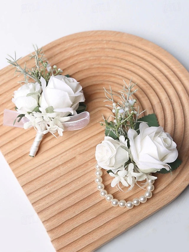 White Rose Wrist Corsage with Matching Boutonniere for Bridal and Prom Occasions