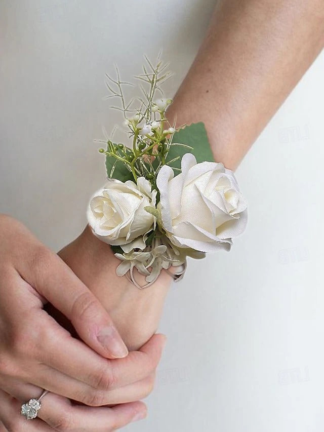 White Rose Wrist Corsage with Matching Boutonniere for Bridal and Prom Occasions