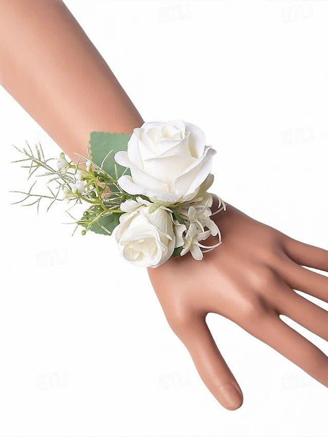White Rose Wrist Corsage with Matching Boutonniere for Bridal and Prom Occasions