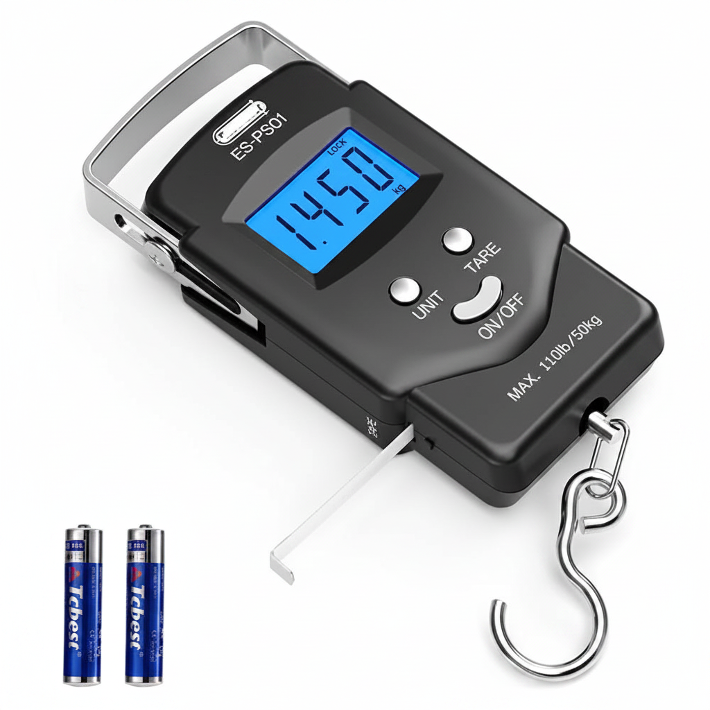 Hanging Scale with Integrated Tape Measure and Blue LCD Display, 110lb Capacity