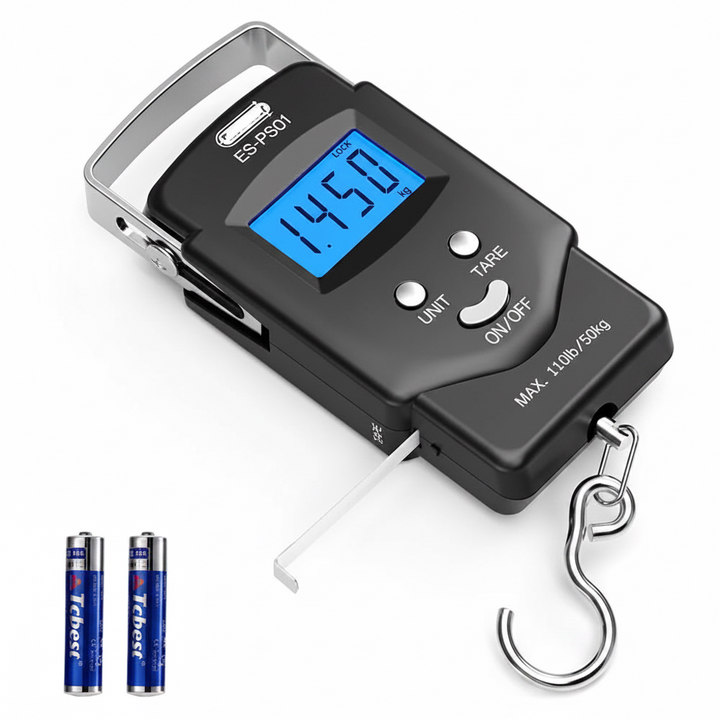 Hanging Scale with Integrated Tape Measure and Blue LCD Display, 110lb Capacity