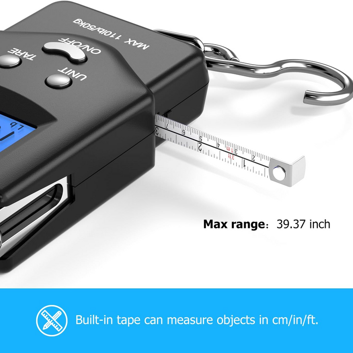 Hanging Scale with Integrated Tape Measure and Blue LCD Display, 110lb Capacity