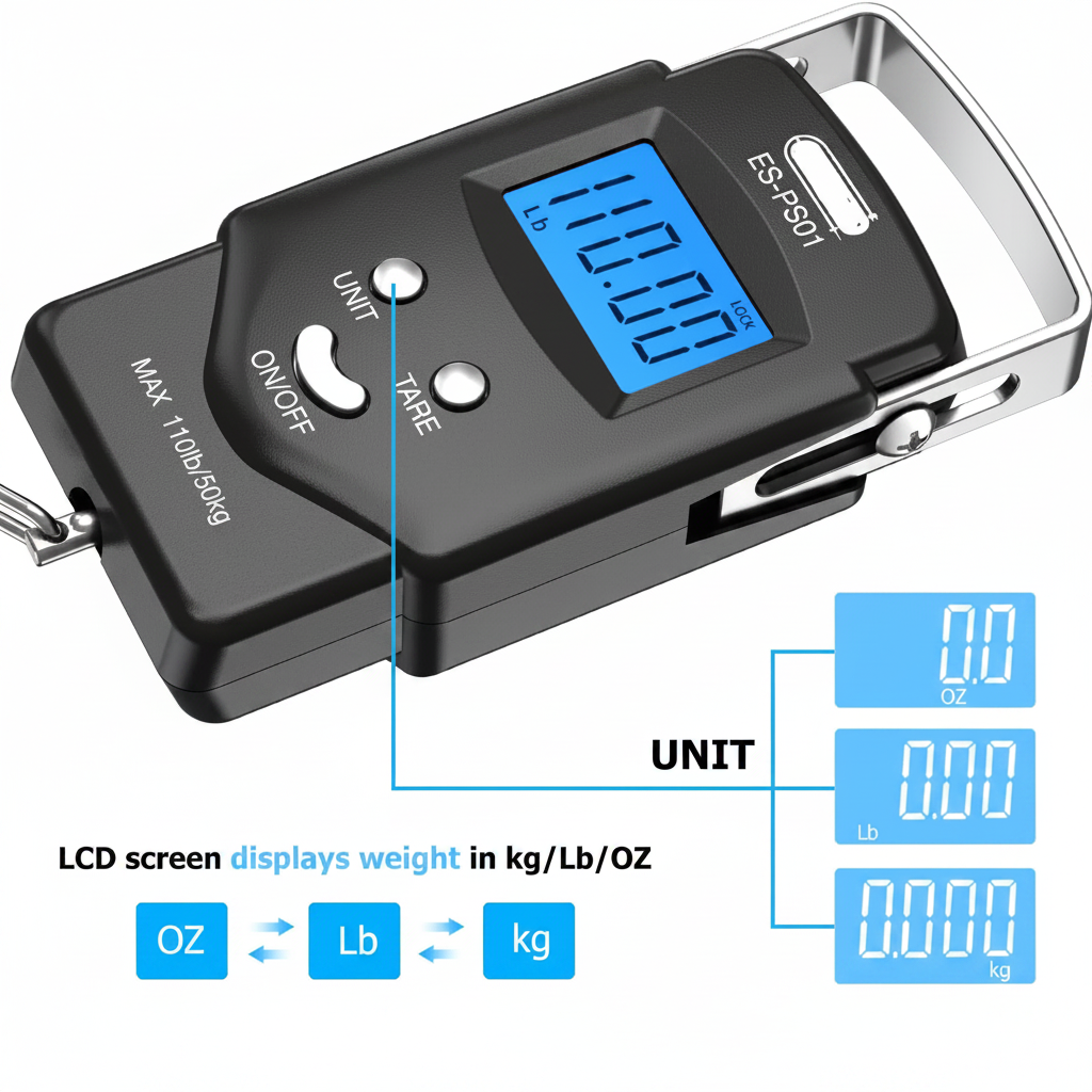 Hanging Scale with Integrated Tape Measure and Blue LCD Display, 110lb Capacity