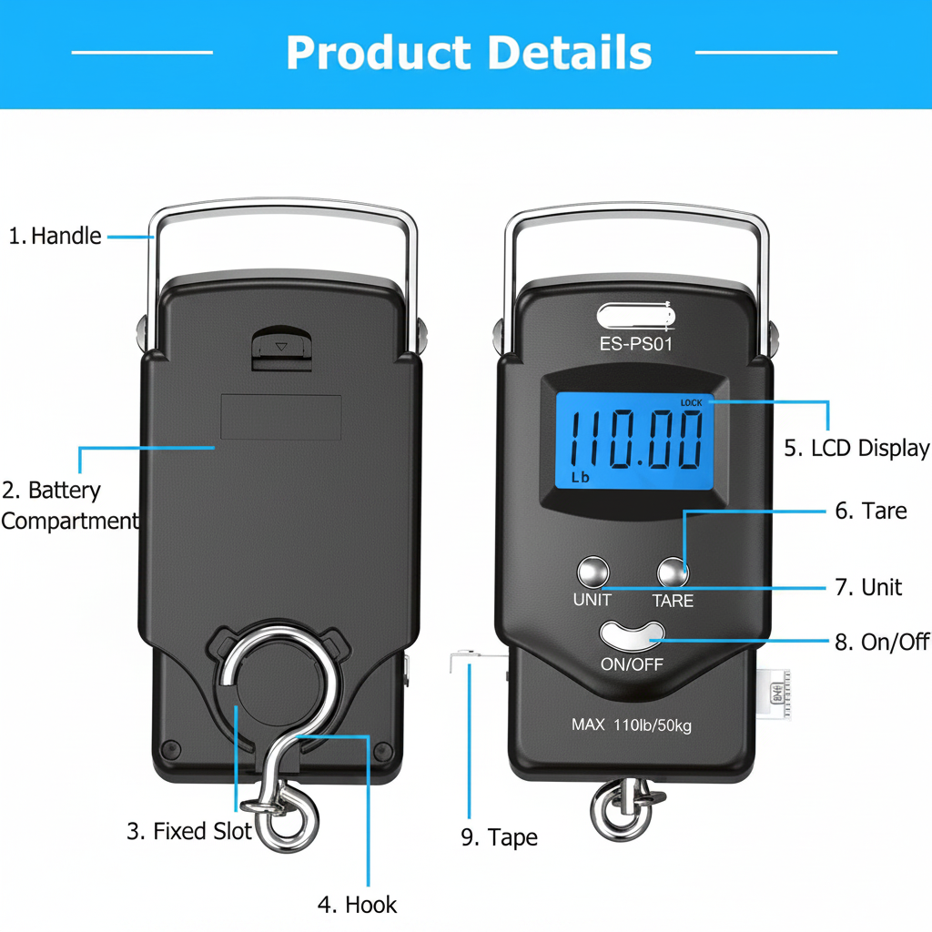 Hanging Scale with Integrated Tape Measure and Blue LCD Display, 110lb Capacity