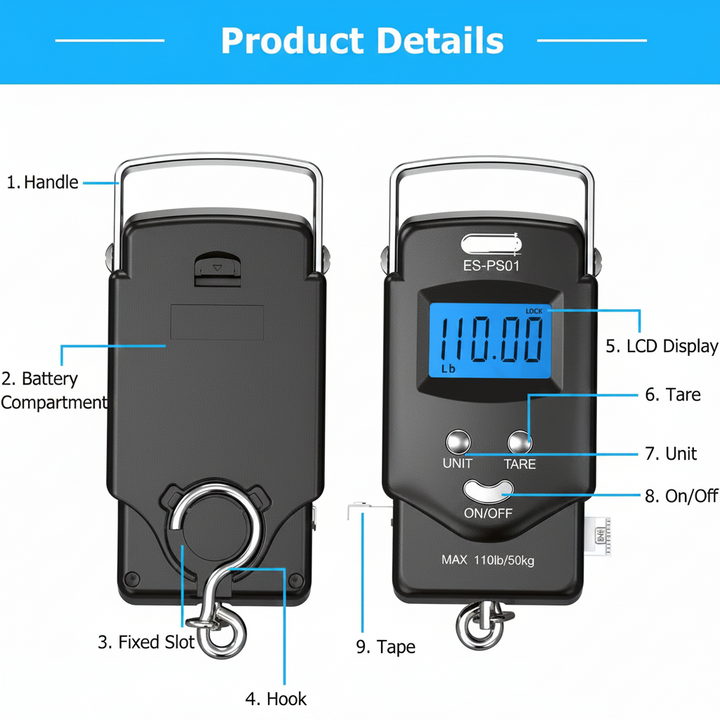 Hanging Scale with Integrated Tape Measure and Blue LCD Display, 110lb Capacity