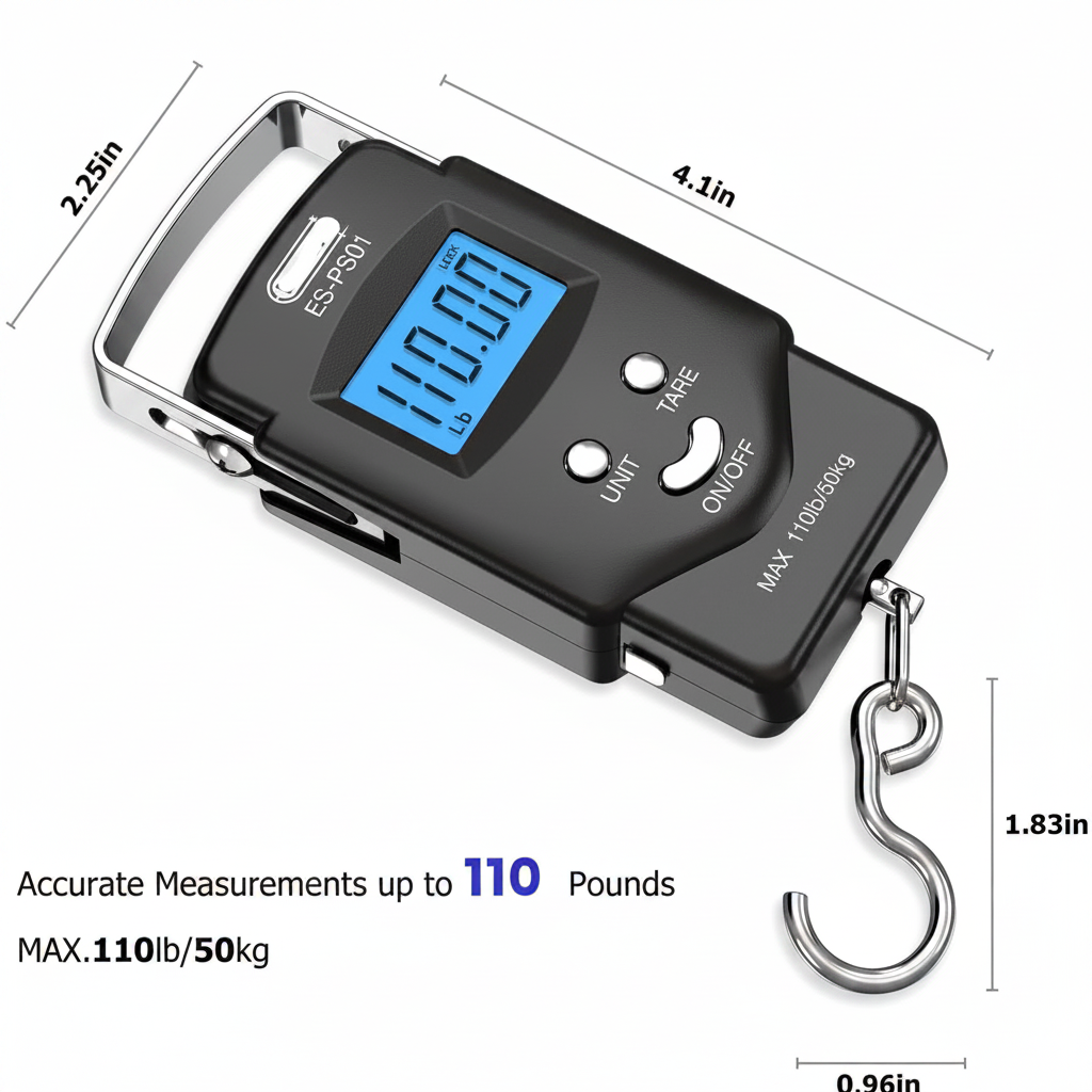 Hanging Scale with Integrated Tape Measure and Blue LCD Display, 110lb Capacity