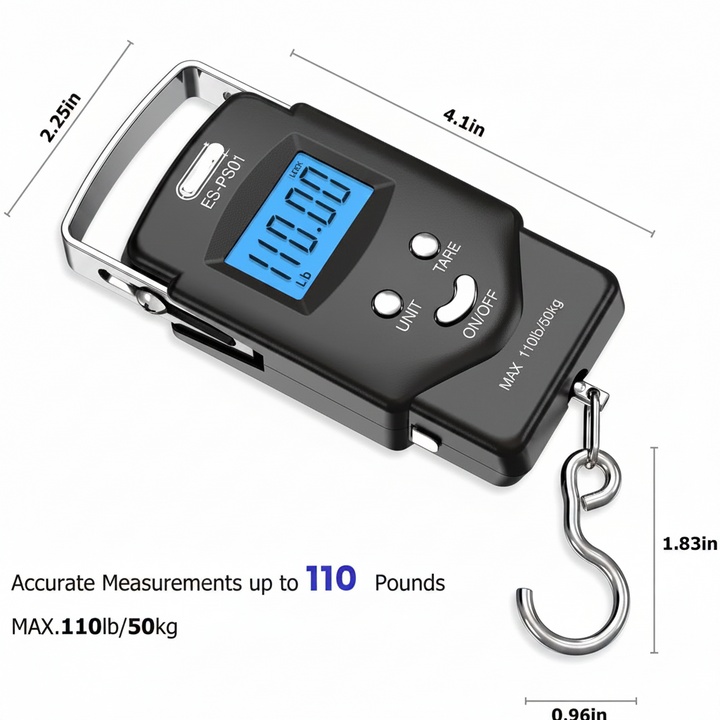 Hanging Scale with Integrated Tape Measure and Blue LCD Display, 110lb Capacity