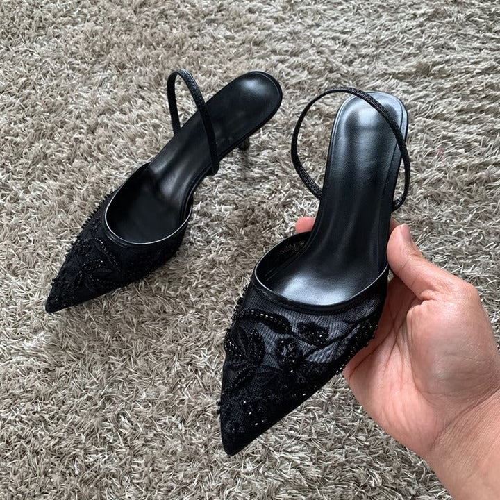 Pointed Toe Mesh Party Shoes with Elasticated Slingback Strap