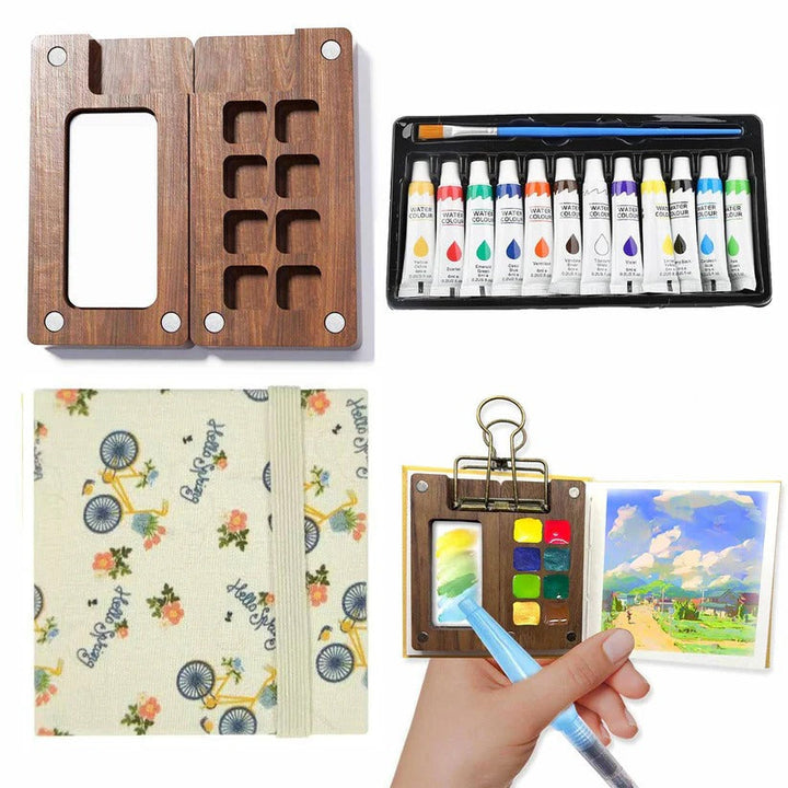 Mini Pocket Watercolour Palette Set with Paint Brush and Watercolour Book for Travel