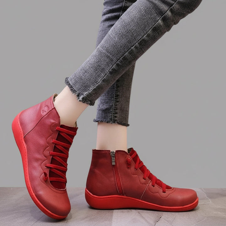 Womens Leather-Look Ankle Boots with Chunky Heel and Side Zipper Closure