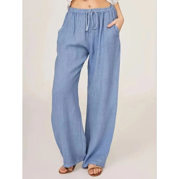 Womens Casual Linen Blend Wide Leg Trousers with Drawstring Waist and Side Pockets