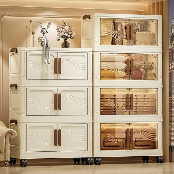 Stackable Storage Containers with Front Access and Lid Lock