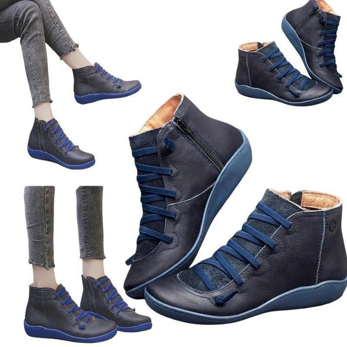 Womens Leather-Look Ankle Boots with Chunky Heel and Side Zipper Closure