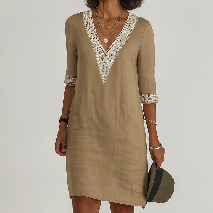 Womens Relaxed Fit Linen Knee Length Dress with Functional Pockets
