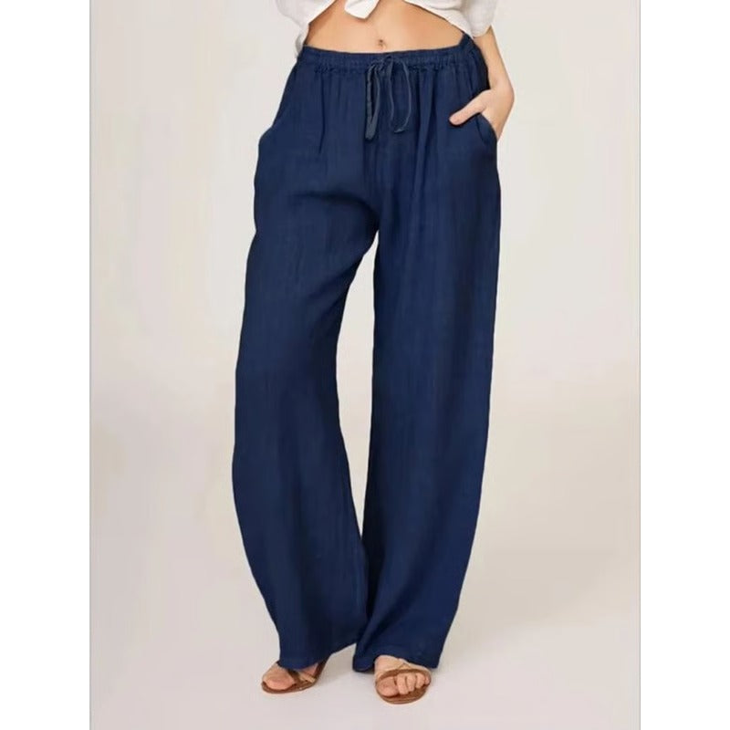 Womens Casual Linen Blend Wide Leg Trousers with Drawstring Waist and Side Pockets