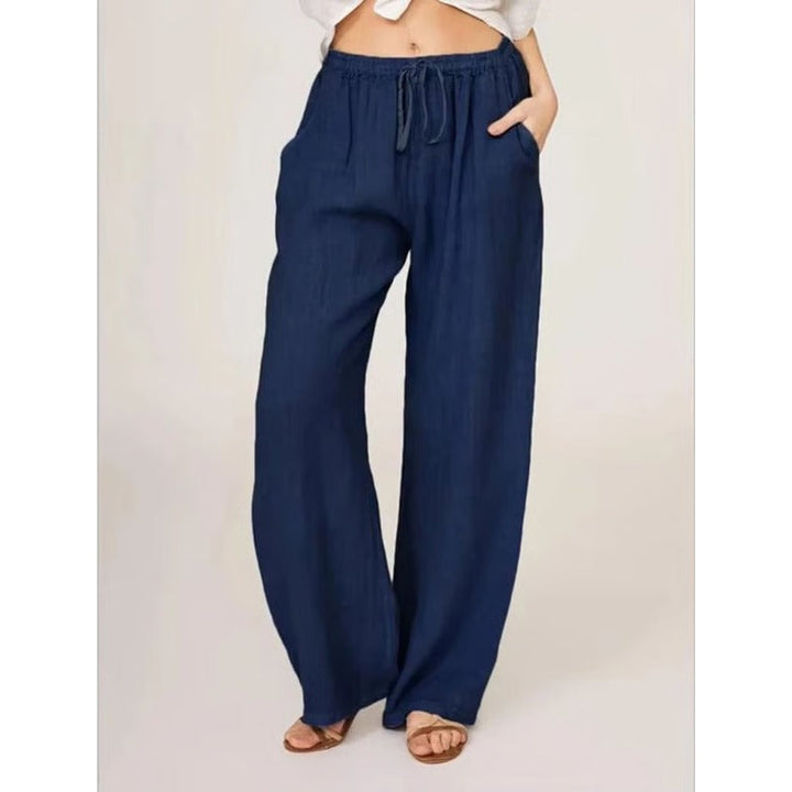 Womens Casual Linen Blend Wide Leg Trousers with Drawstring Waist and Side Pockets