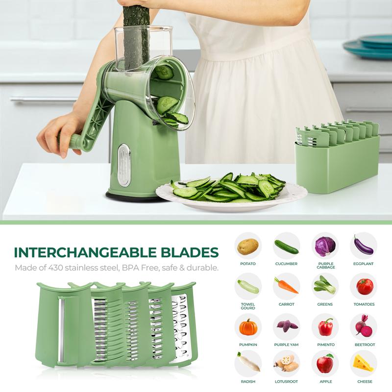 Rotary Vegetable Grater with Five Interchangeable Blades and Suction Cup Base