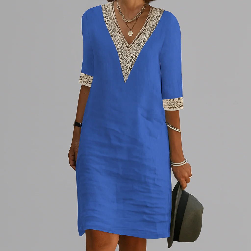 Womens Relaxed Fit Linen Knee Length Dress with Functional Pockets