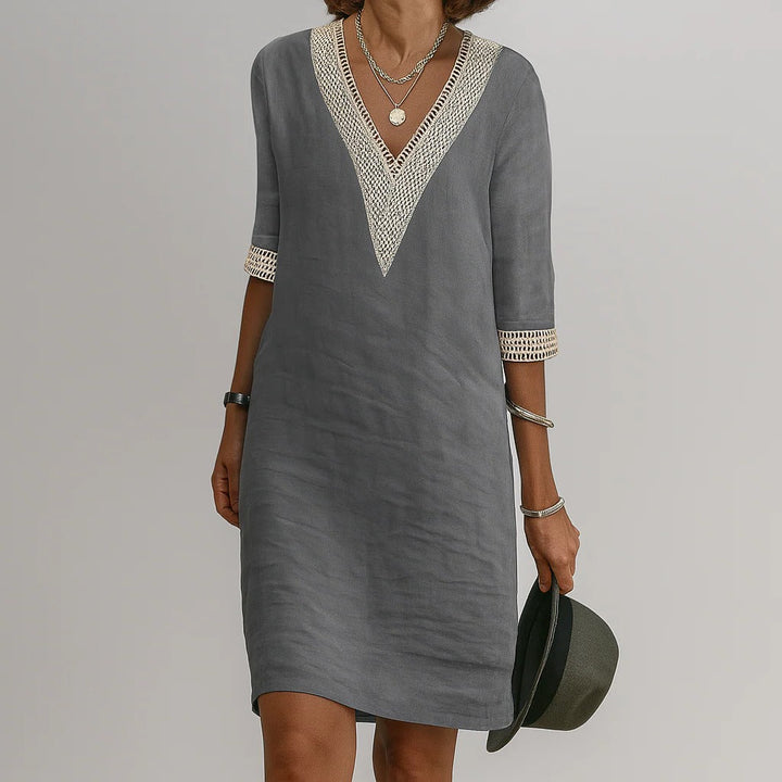 Womens Relaxed Fit Linen Knee Length Dress with Functional Pockets