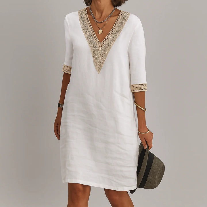 Womens Relaxed Fit Linen Knee Length Dress with Functional Pockets