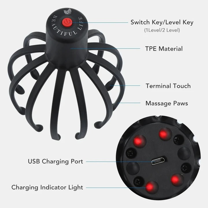 Electric Head Massager, Scalp Scratcher, Octopus Vibration Tool, USB Rechargeable