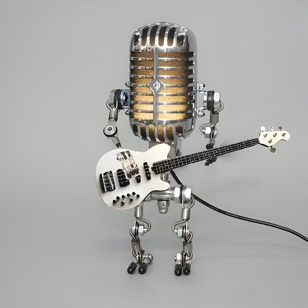 Vintage Metal Microphone Robot With Guitar Lamp
