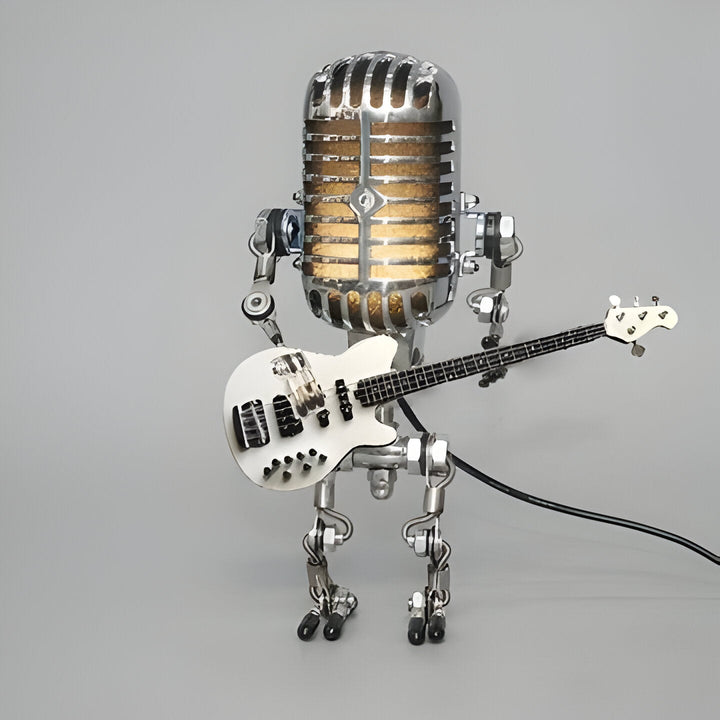 Vintage Metal Microphone Robot With Guitar Lamp